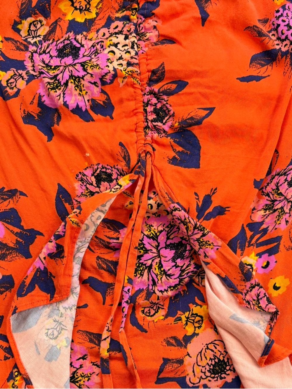 FREE PEOPLE Happy Heart Floral Mini Dress Orange Tie Front Smocked Back M Slip - Picture 6 of 8